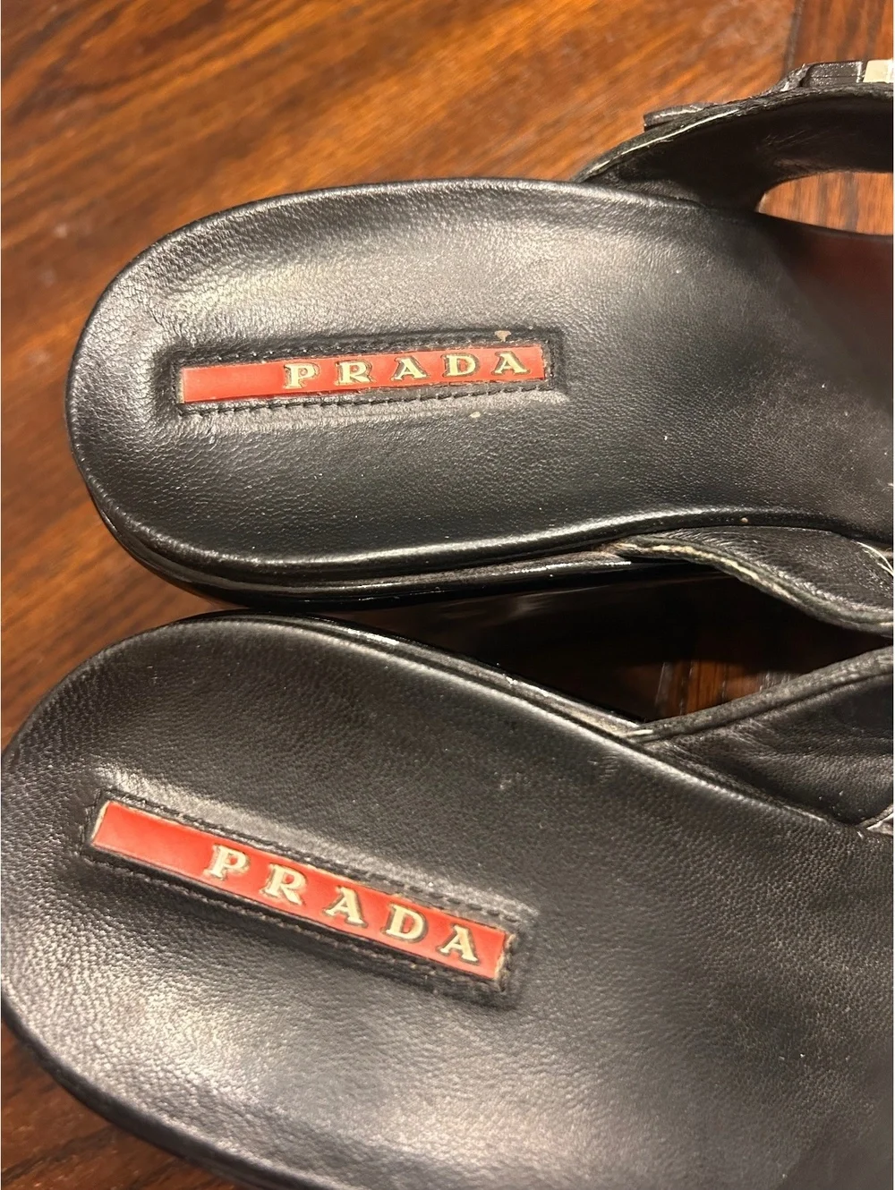 Prada Black Wedge Thong Sandals with Buckle Detail